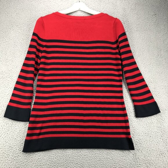 TOMMY HILFIGER Top Womens SMALL Red Blue Stripe Knit 3/4 Sleeve Button Shoulder - Picture 7 of 13